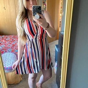 Striped faux wrap cotton dress